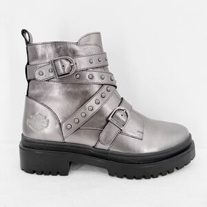 Harley-Davidson Carrigan Silver Leather Studded Combat Boots Women 8.5M NWOB
